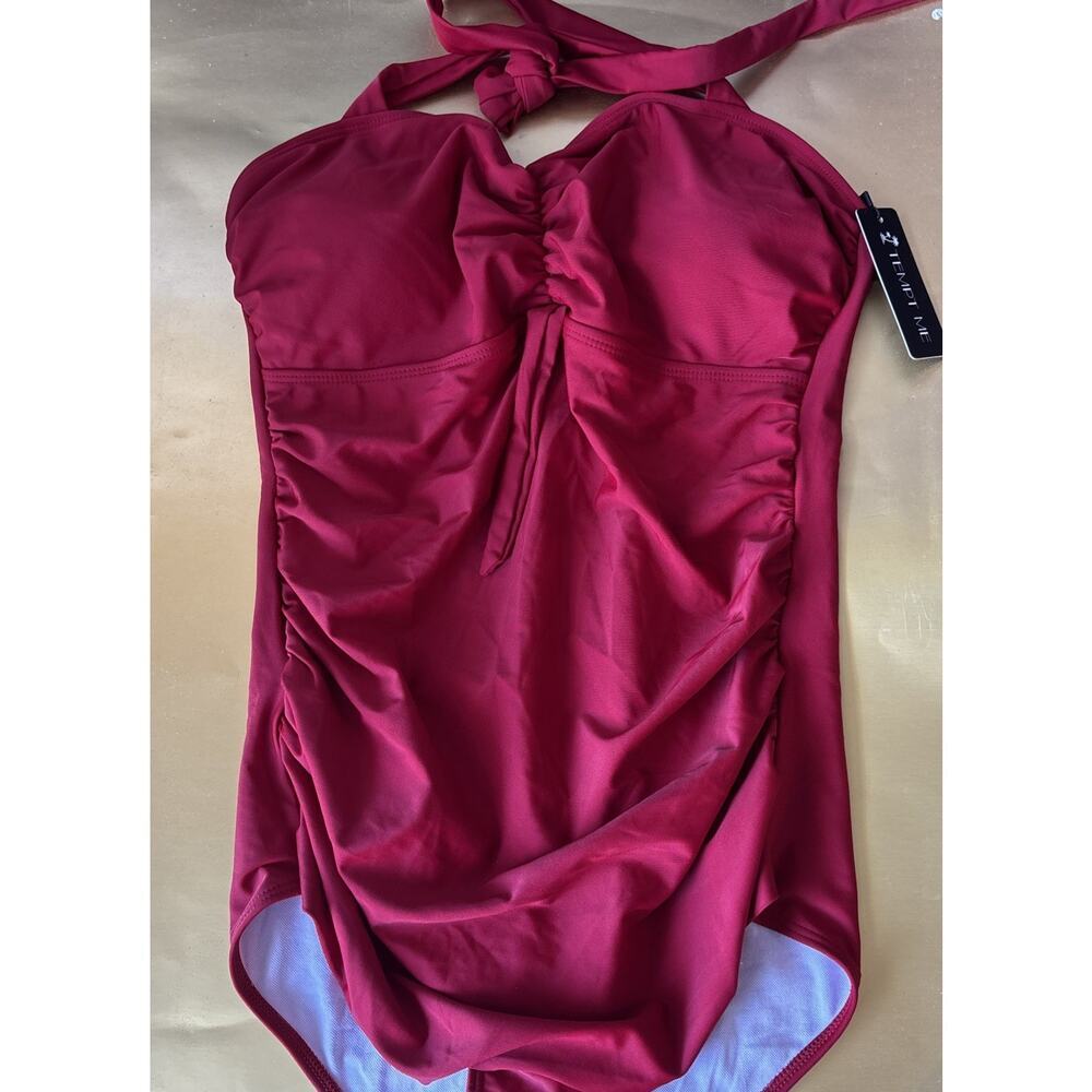 Tempt Me Women Burgundy Ruched Slimming One Piece Swimsuit Sz L NWT